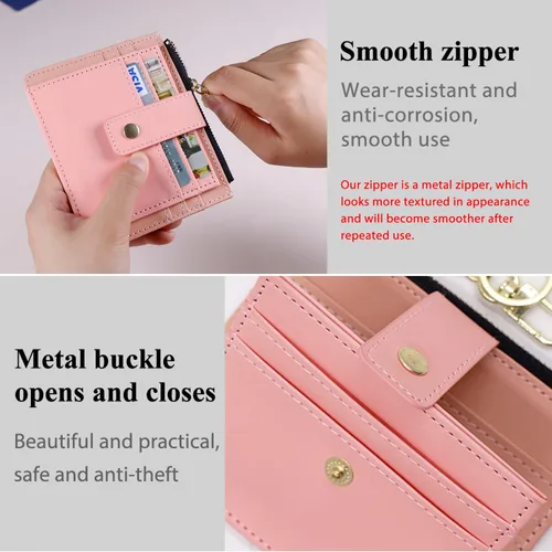 Vista 2 de Deziliao Funda delgada para tarjetas de crédito con bloqueo Rfid para mujer, cartera con cremallera, cartera pequeña y compacta de cuero
