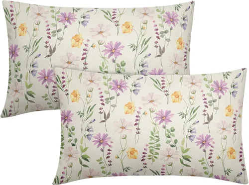 Vista 30 de Juego de 2 fundas de almohada de primavera de 16 x 16 pulgadas, diseño de conejo, flores rosas, hojas verdes salvia, plantas botánicas vintage