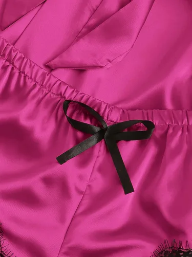 Vista 4 de WDIRARA - Conjunto de pijama de satén de seda para mujer, lencería de encaje floral, ropa de dormir con bata, 4piezas
