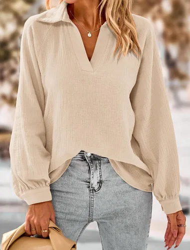 Vista 4 de PRETTYGARDEN Blusa de moda de otoño 2023 para mujer, casual, manga larga, cuello en V, camisas de lino y algodón