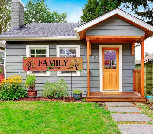 Vista 6 de Pancarta colorida para patio interior y exterior, grande, con texto en inglés "We Are Family", telón de fondo familiar de 70.87 pulgadas de largo x