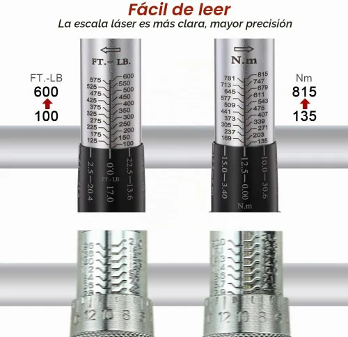 Vista 3 de Juego de llaves dinamométricas con accionamiento de 3/4 pulgadas de dirección dual. Llave dinamométrica ajustable de doble dirección con hebilla