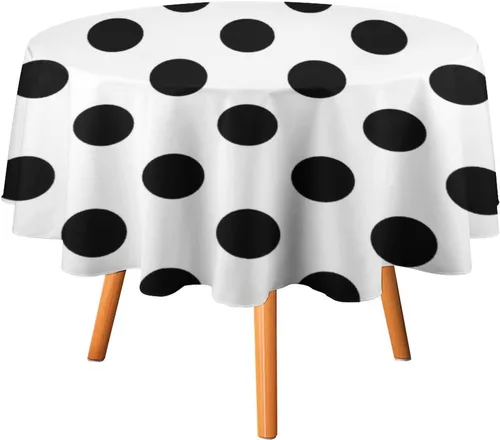 Vista 41 de Mantel redondo lavable de lunares negros sobre beige de 50 pulgadas para cocina, comedor, fiesta, decoración moderna