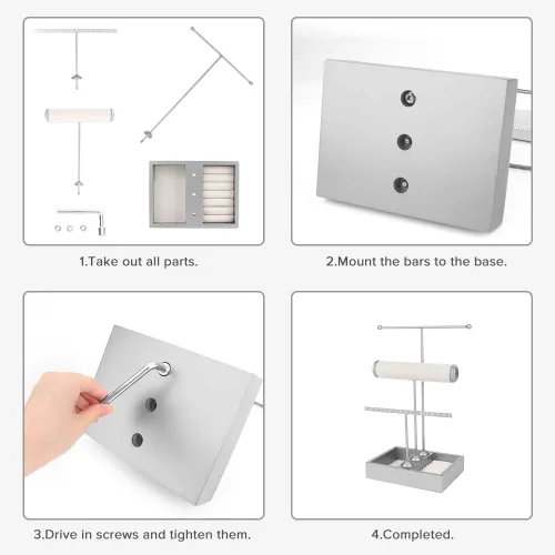 Vista 5 de Soporte para joyas, organizador para joyas, 3 niveles, joyero, organizador de joyas para brazaletes, collares, anillos, aretes y relojes (plata)