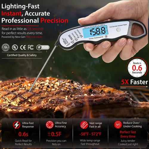 Vista 2 de Termómetro digital de carne de lectura instantánea 0.6S para barbacoa al aire libre, parrilla, ahumar, hornear al horno, aceite, caramelo