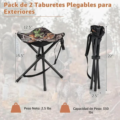 Vista 7 de GYMAX Paquete de 2 taburetes plegables, trípode portátil, taburete de caza ligero con correa para el hombro, silla de caza al aire libre, silla