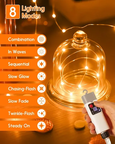 Vista 6 de Anpro Luces de Cadena para Exteriores e Interiores: 66 Pies 200 LED Luces de Cadena Recargables para Exteriores, Recogida Rápida, Luces de Camping
