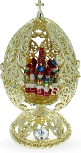 Vista 8 de BestPysanky Estatuilla dorada de huevo de Pascua de la iglesia ortodoxa Bejeweled