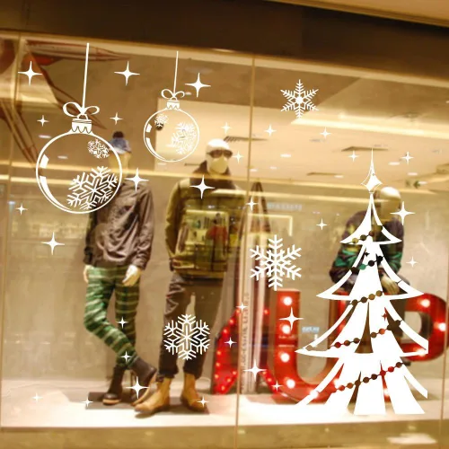 Vista 4 de DNVEN Calcomanías de pared de Feliz Navidad, árboles de Navidad, bolas brillantes con adornos de copos de nieve, calcomanías decorativas de pared