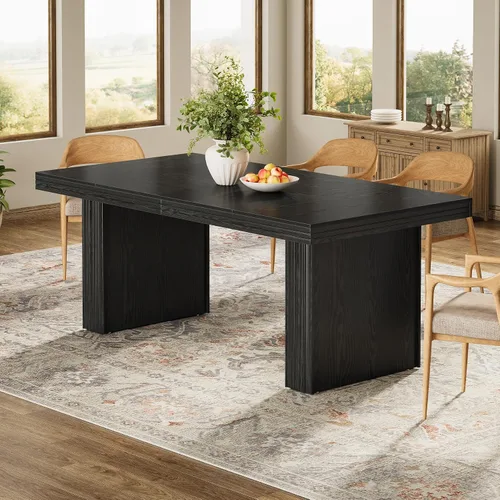 Vista 5 de Tribesigns Mesa de comedor de granja de 63 pulgadas para 6, mesa de cocina moderna con línea acanalada para comedor, sala de estar, color negro