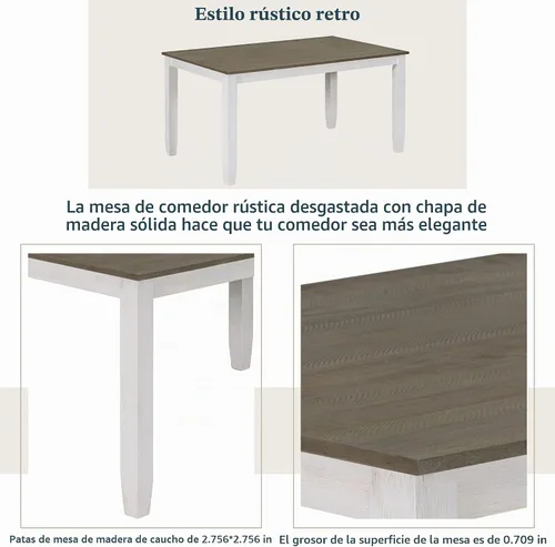 Vista 5 de LUMISOL Farmhouse - Juego de mesa de comedor de 6 piezas con banco, marrón + blanco lavado