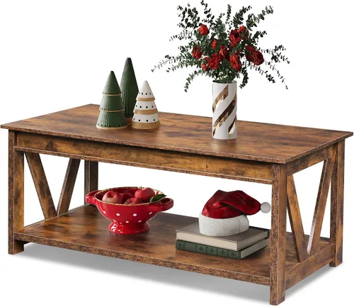 Vista 10 de WLIVE Mesa de Centro, Mesa de Centro Estilo Granja de 43" con Estante de Almacenamiento y Soporte Resistente en Forma de V, Mesa Central de Madera