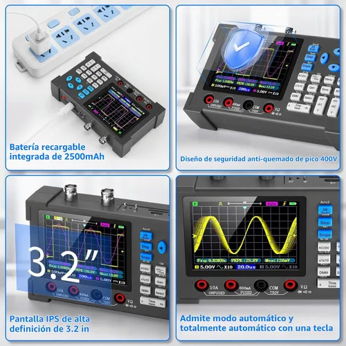Vista 3 de Kit de osciloscopio digital de mano LCD - 2 canales 3.2 "TFT multímetro Osciloscopio generador de señal Mini Osciloscopio automotriz Ancho de banda