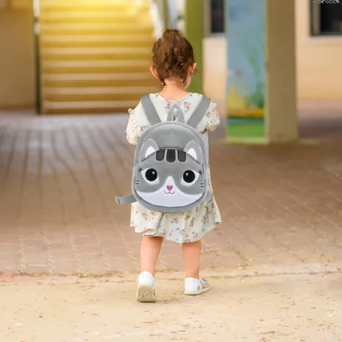 Vista 5 de HONGTEYA Mochila de felpa suave para niños pequeños, Rosado, Cara de gato