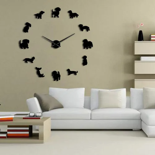 Vista 7 de Gran 3D DIY Dachshund Reloj de pared sin marco con efecto espejo (negro)