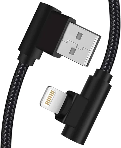 Vista 9 de Cargador para iPhone de 3 pies con certificación MFi, paquete de 3 cables Lightning trenzados de nailon de 90 grados, cable de carga en ángulo recto