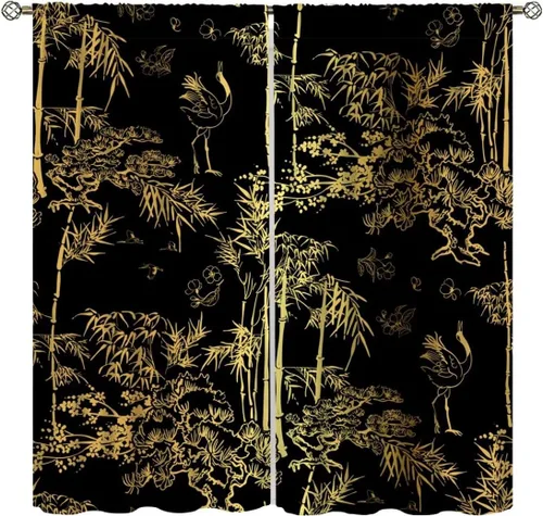 Vista 9 de Cortinas con estampado de bambú, diseño de loto rosa asiático japonés, tela de poliéster, tratamiento de ventana para dormitorio, sala de estar