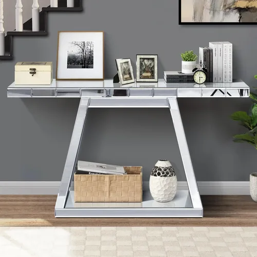Vista 11 de Mesa de consola con espejo de 48 pulgadas, mesa de entrada moderna de plata glamorosa con borde tallado negro vintage con espejo de vidrio para sala