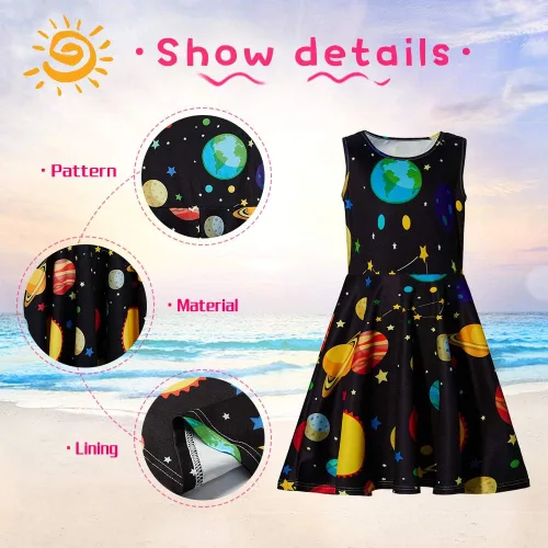 Vista 4 de uideazone Vestido sin mangas para niñas, cuello redondo, estampado floral, vestido casual para fiesta en casa, playa, 4-12 años