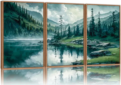 Vista 21 de Tinonedraw Arte de Pared en Lienzo Enmarcado de Paisaje de Montaña Beige, Decoración de Pared Moderna Abstracta de Mediados de Siglo, Arte de Lago