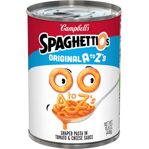 Vista 30 de SpaghettiOs Pasta enlatada con albóndigas A to Z's, lata de 15.6 onzas