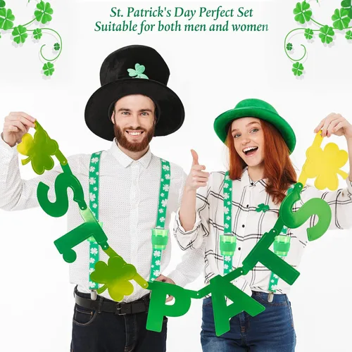 Vista 6 de Geyoga 3 juegos de tirantes verdes para el día de San Patricio tirantes elásticos ajustables para hombre con clips trébol con copas y alfileres