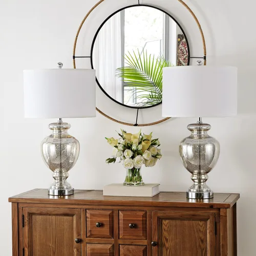 Vista 4 de SAFAVIEH Lighting Collection Morocco Mercury Glass - Juego de 2 lámparas de mesa de 28 pulgadas con puerto de carga USB (bombillas LED incluidas)
