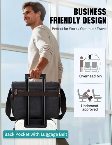 Vista 6 de RAVUO Bolsa de mensajero para hombre, resistente al agua, de lona, 14, 15.6, 17 pulgadas, maletines para laptop, bolsa de hombro de negocios