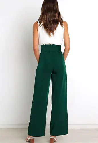 Vista 4 de ebossy Pantalones palazzo elásticos de cintura alta para mujer, pierna ancha, casual, elegante, para negocios, fiesta, pantalones largos con cinturón