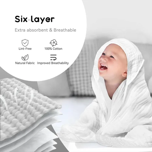 Vista 5 de Toallas con capucha para bebés y niños pequeños, toalla de baño de muselina suave y absorbente para niños y niñas (blanco puro, 1 unidad)