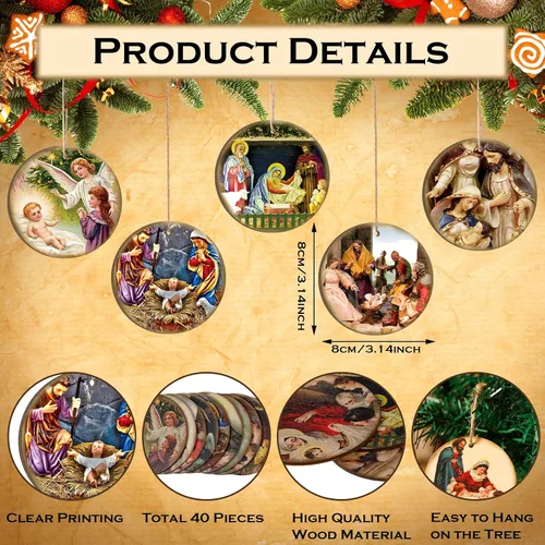 Vista 2 de Karenhi 40 piezas de adorno de Navidad religioso de madera colgante de madera retro vintage Natividad cristiana católica el nacimiento de Jesús