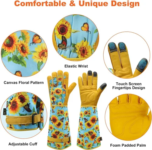 Vista 2 de DLY Guantes de jardinería para mujeres, guantes para rosas resistentes a espinas, guantes largos de jardín para mujeres, guantelete de cuero vacuno