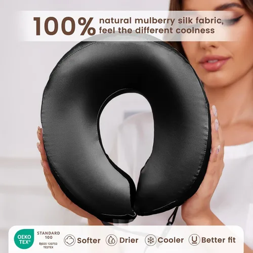 Vista 3 de THXSILK Almohada de cuello 100% seda de morera para viajes y avión, almohada de viaje de espuma viscoelástica para soporte de cuello en coche y Negro
