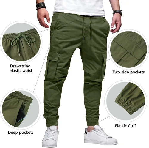 Vista 3 de LVCBL Pantalones cargo de algodón para hombre con cordón en la cintura, pantalones cargo ajustados