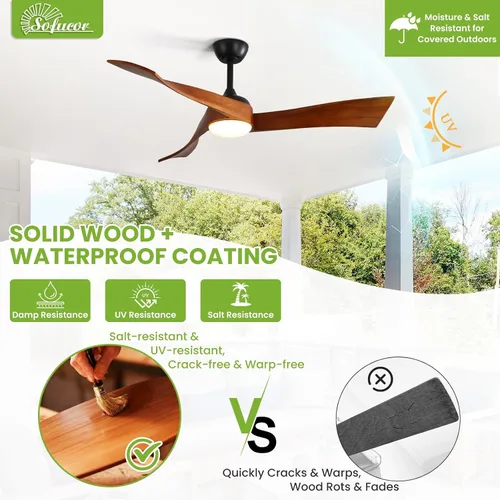 Vista 9 de Sofucor Ventilador de techo de 52 pulgadas con luz y control remoto, 3 aspas de madera maciza, motor de CC silencioso, 6 velocidades 5000 CFM, LED