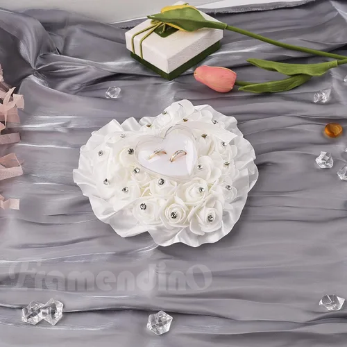 Vista 6 de Framendino, Forma de corazón blanco anillo de boda almohada elegante decoración cojín portador caja con lazo de cinta