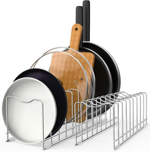 Vista 13 de FLSEPAMB Organizador de sartenes - Organizador de tapa de olla ajustable para cocina, organizador de tapa de olla resistente, para debajo