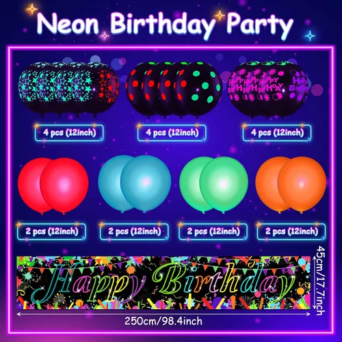 Vista 6 de Decoraciones de cumpleaños de neón – Cartel de fiesta brillante para patio y 20 globos que brillan en la oscuridad