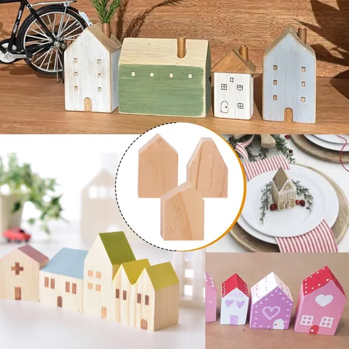 Vista 7 de 42 bloques de madera sin terminar en forma de casa, casas de madera para manualidades, bloques de madera con forma de flecha para bricolaje, estante