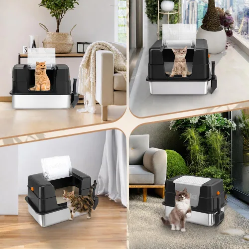 Vista 8 de Vivifying Caja de arena XL para gatos de acero inoxidable con tapa, entrada