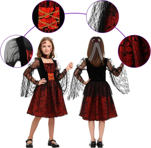 Vista 5 de Disfraz de vampiro de Halloween para niñas, disfraz con clip para el cabello