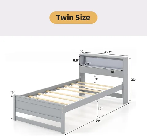 Vista 2 de Giantex Base de cama individual con cabecera de almacenamiento, plataforma de madera con estación de carga y luz LED, cama individual con soporte