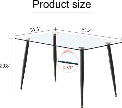 Vista 2 de Ebullient Mesa de comedor de cristal, mesa rectangular moderna de 51 pulgadas con amplia mesa de vidrio templado y patas de mesa de metal negro