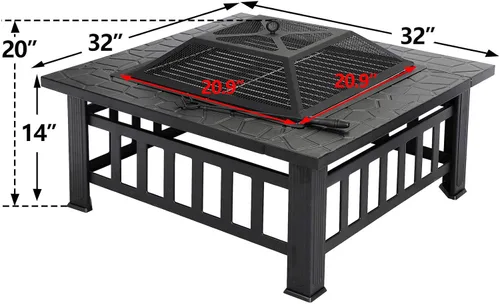 Vista 2 de Mesa para hoguera al aire libre de 32 pulgadas con parrilla, cuenco de chimenea de leña, estufa cuadrada multifuncional, con pantalla de chispas