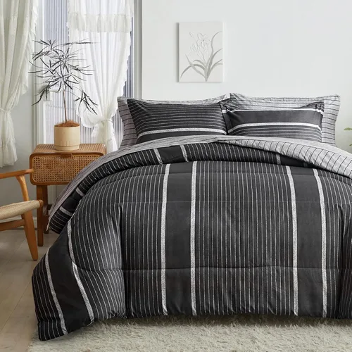 Vista 9 de Flysheep Juego de edredón de 3 piezas de estilo bohemio a rayas tamaño individual para niños, juego de ropa de cama reversible de microfibra suave a