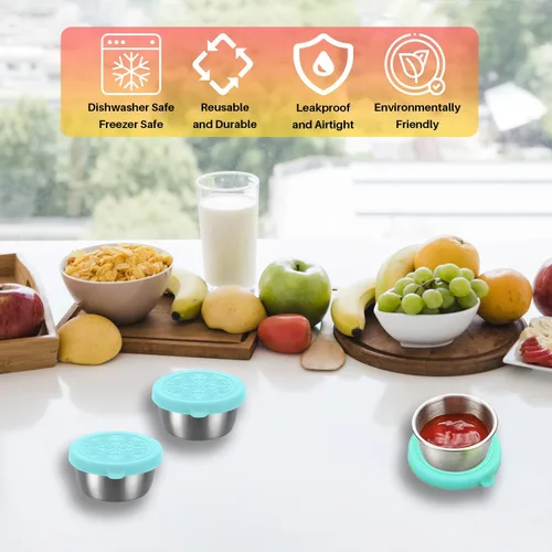Vista 2 de Paquete de 6 recipientes para aderezo de ensalada: recipientes pequeños para condimentos con tapas, tazas reutilizables de acero inoxidable, tapas