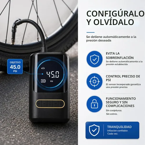Vista 5 de Compresor de aire portátil para bicicleta: mini bomba eléctrica para neumáticos con apagado automático, compatible con múltiples válvulas, inflador