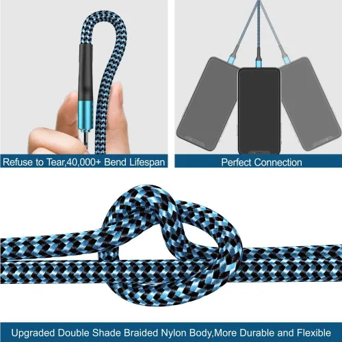 Vista 5 de Durcord Cargador para iPhone de 6 pies/6/3/1.5, cable Lightning de carga rápida, cable trenzado de nailon compatible con iPhone 14/13/12/11 Pro