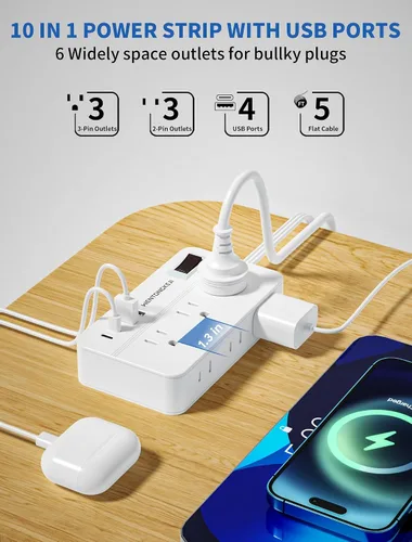 Vista 2 de Regleta protectora de sobretensiones, cable de extensión trenzado de 5 pies, enchufe plano con 6 tomas de corriente y 2 puertos USB-A, 2 puertos