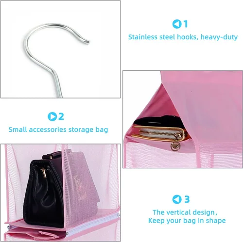 Vista 6 de KEEPJOY Organizador de bolso para armario, organizador de bolso colgante con 4 estantes de malla de alta resistencia (rosa)